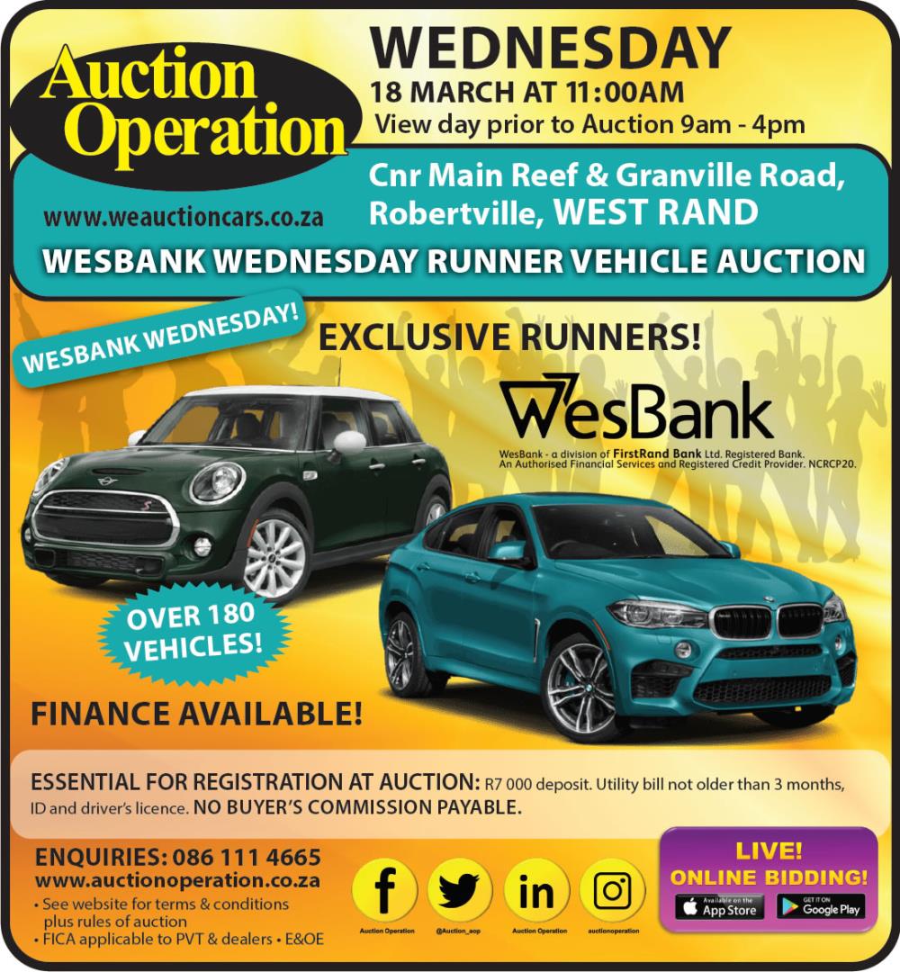 Auction Operation WESBANK WEDNESDAY RUNNER VEHICLE AUCTION WEST RAND